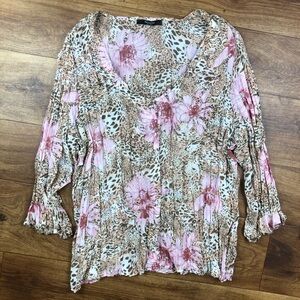 Belissimo Animal Print Pink Floral Beaded Sheer Blouse Shirt Top